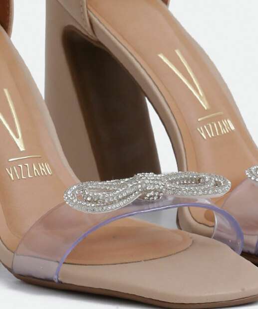 Sandália Salto Grosso Feminina Vinil Laço Strass Vizzano