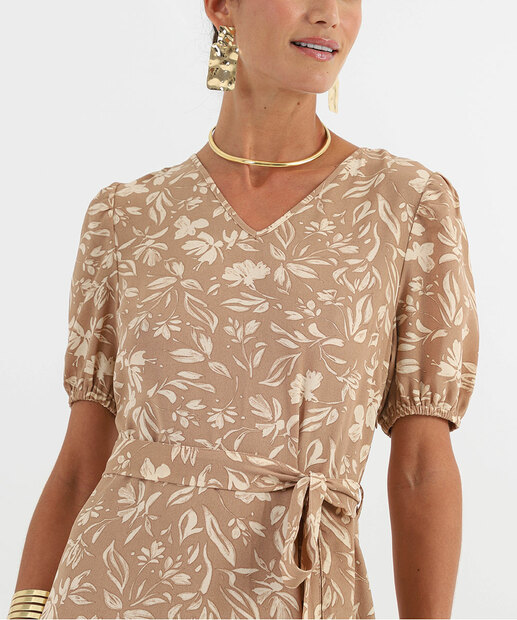 Vestido Feminino Midi Flores Amarração Marisa Bege