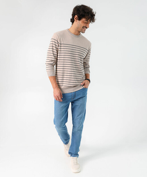 Suéter Masculino Tricô Listrado Marisa Areia