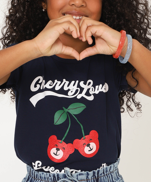Blusa Infantil Manga Curta Cereja e Urso Marisa Tam 4 a 10 Azul