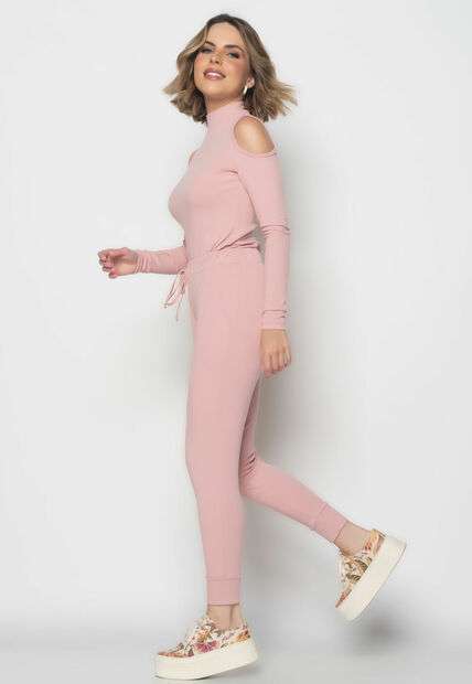 Conjunto Comfy Com Blusa Ombro Vazado M/L e Jogger Canelada Rosa Claro Salvatore