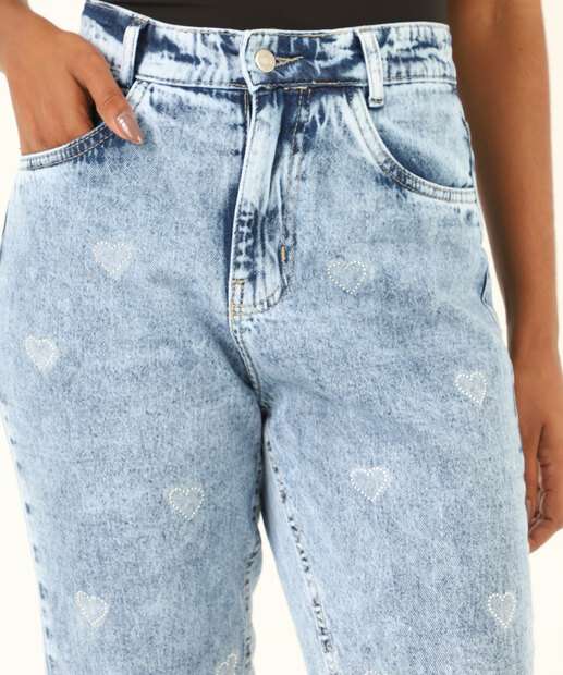 Calça Mom Jeans Strass Bolsos Azul