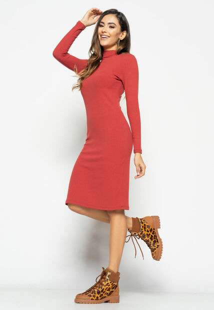 Vestido  Midi Manga Longa Canelado Terracota