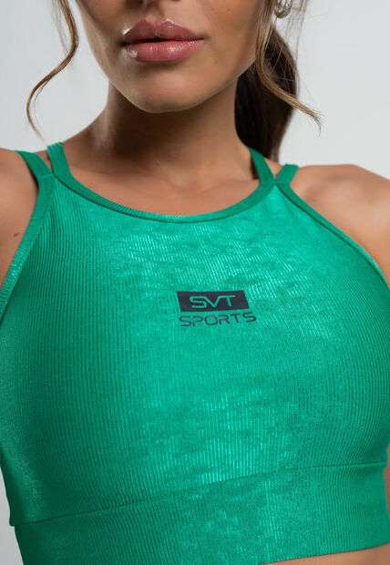 Top Suplex Canelado Brilho com Decote Alto e Tiras Verde Salvatore Fashion