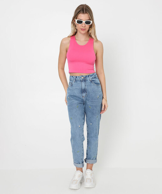 Image_Calça Mom Jeans Bordado Flores Bolsos Azul