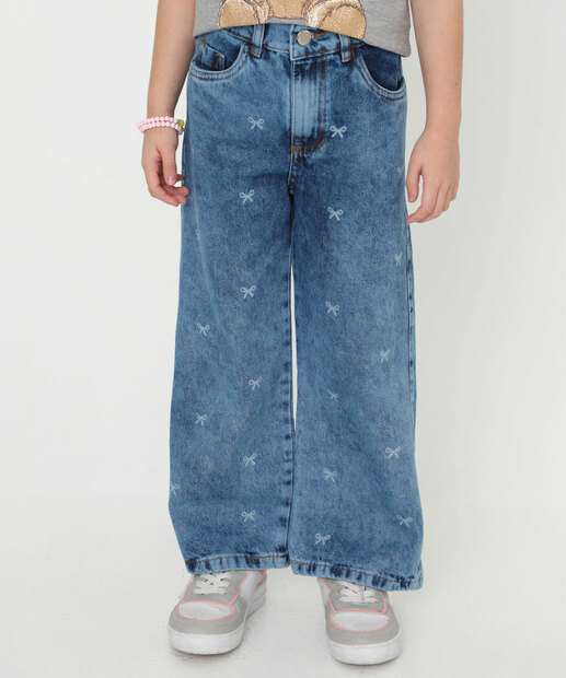 Calça Jeans Wide Leg Laço Infantil Tam 4 a 10 Azul