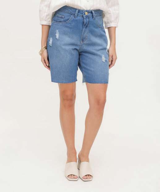 Bermuda Jeans Feminina Barra Desfiada Puídos