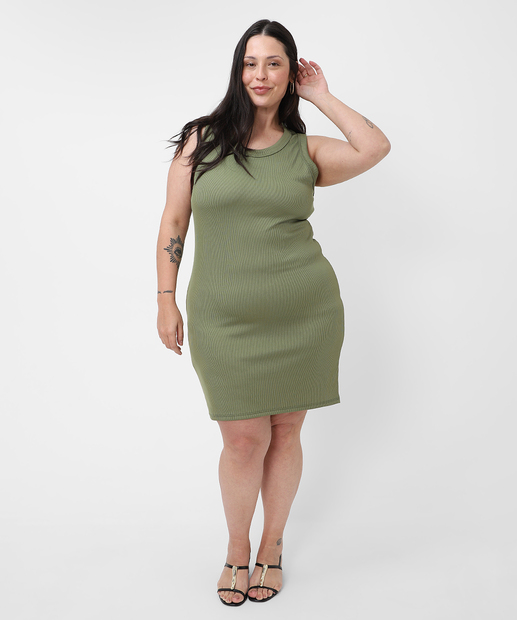 Vestido Plus Size Canelado Feminino Marisa Verde