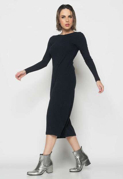 Macacão Manga Longa  Pantacourt Canelado  Fashion Preto