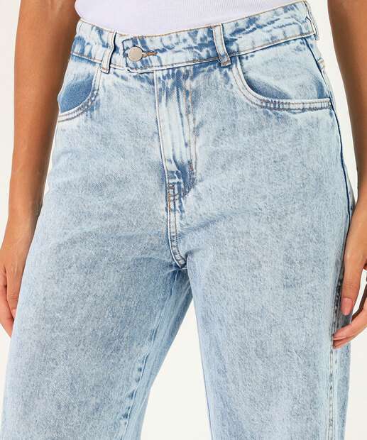 Calça Jeans Wide Leg Marmorizada Bolsos Feminina Azul