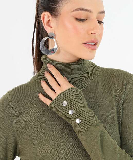 Suéter Feminino Tricô Gola Alta Botões Marisa Verde