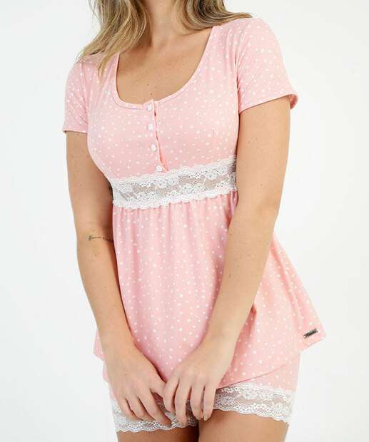 Pijama Feminino Maternidade Peach Skin Poá Renda Manga Curta