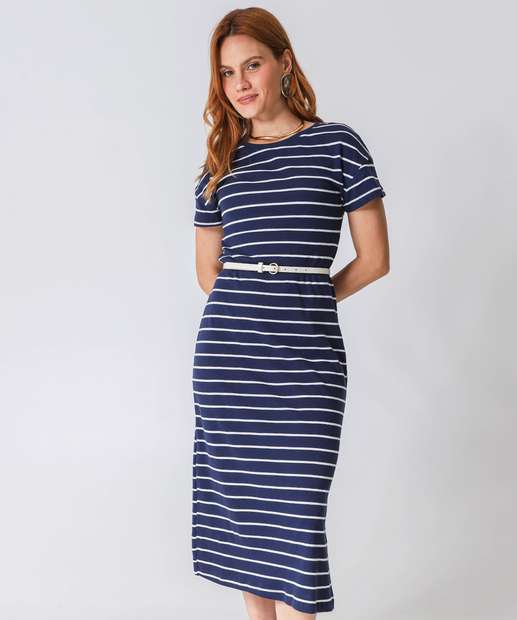 Vestido Midi Feminino Listrado Marisa Azul