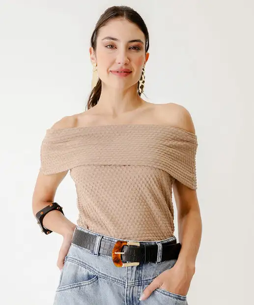 Image_Blusa Feminina Textura Ombro a Ombro Marisa Bege