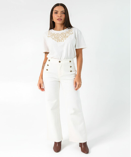 Blusa Feminina Estampa Paisley Manga Curta Marisa Off White