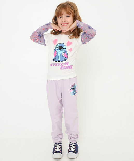 Blusa Infantil Sobreposição Stitch Tule Tam 4 a 10 Off White