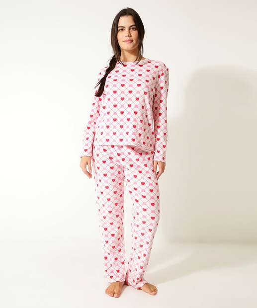 Pijama Feminino Estampa Corações Manga Longa Marisa