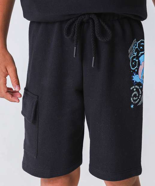 Bermuda Infantil Moletinho Stitch Tam 4 a 10 Preto