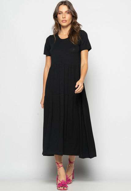 Vestido Midi Manga Curta Com Babado Preto Salvatore