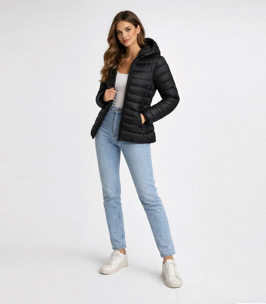 Jaqueta Puffer Feminina Com Capuz Sea Surf Preto