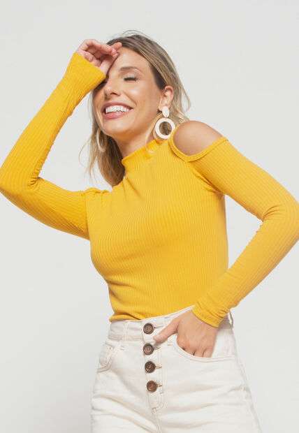 Image_Blusa  Ombro Vazado Manga Longa Canelada Mostarda