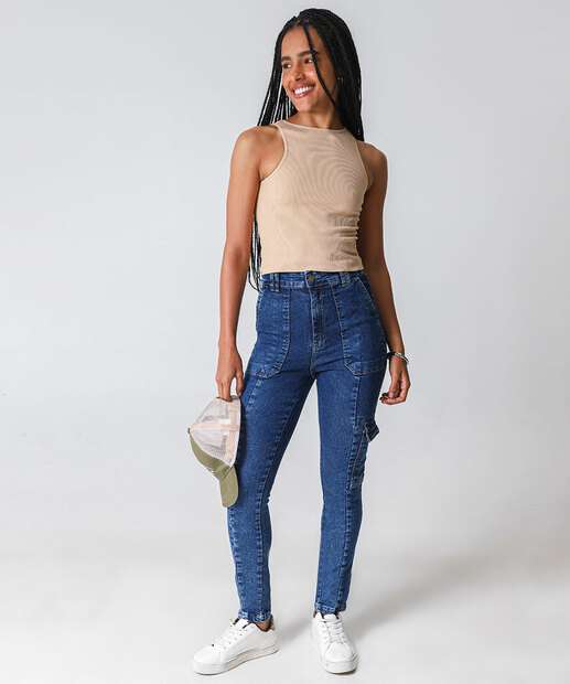 Image_Calça Jeans Skinny Feminina Cargo Azul
