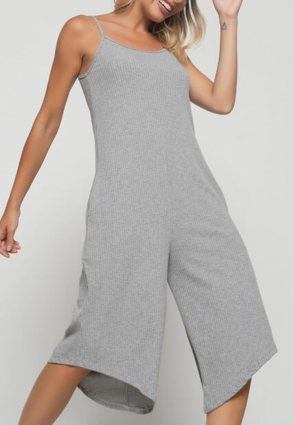 Macacão Alça Fina  Pantacourt Canelado Mescla