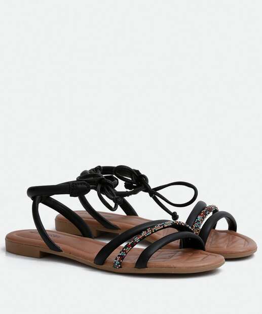 Sandália Feminina Rasteira Strass Amarração Mississipi