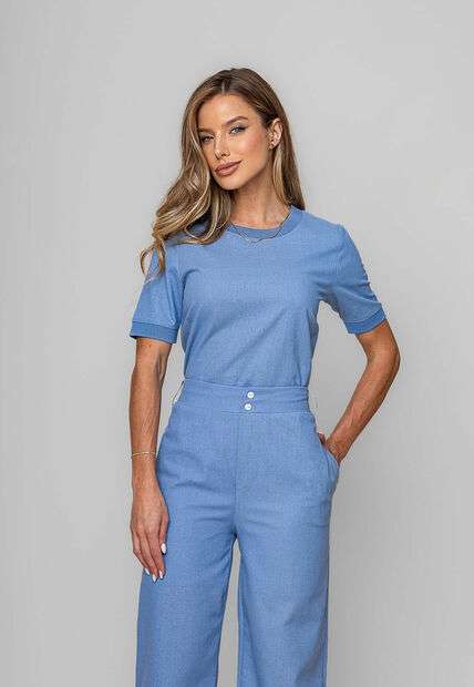 Blusa Alfaiataria Gola Ribana Manga Curta Azul Salvatore