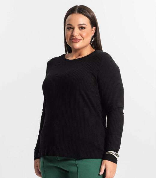 Blusa Manga Longa Ribana Canelada Secret Glam Preto