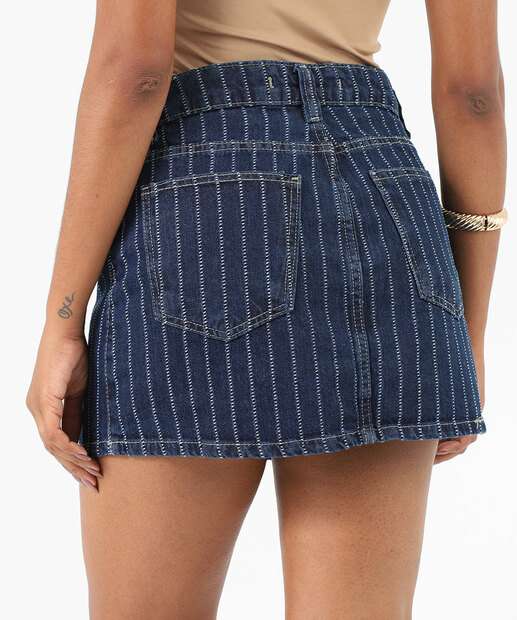 Mini Saia Jeans Feminina Listrada Vizzy Azul