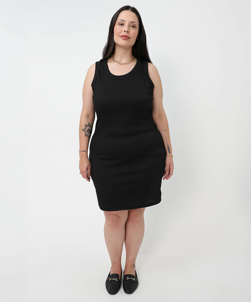 Vestido Plus Size Canelado Feminino Marisa Preto