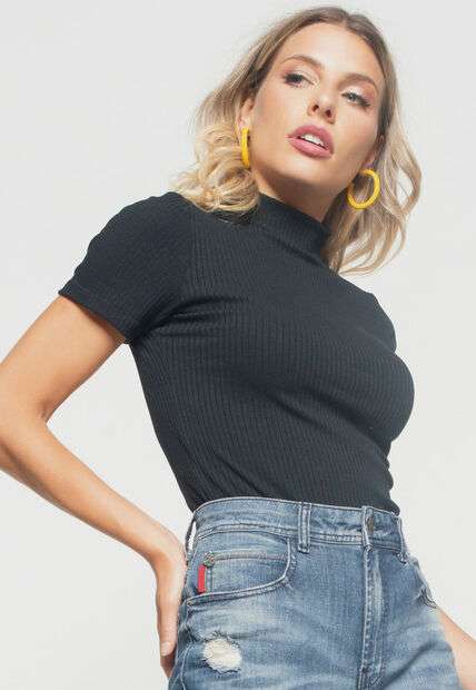 Kit 2 Blusas  Gola Alta Comfy Malha Canelada Preta e Mostarda