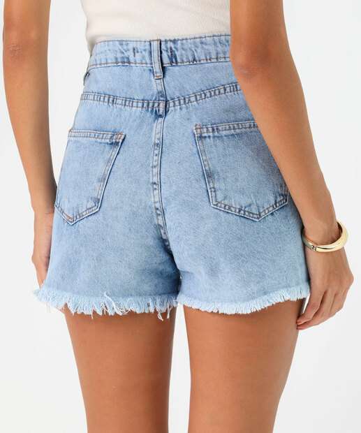 Short Feminino Jeans Bordado Cereja Bolsos Azul