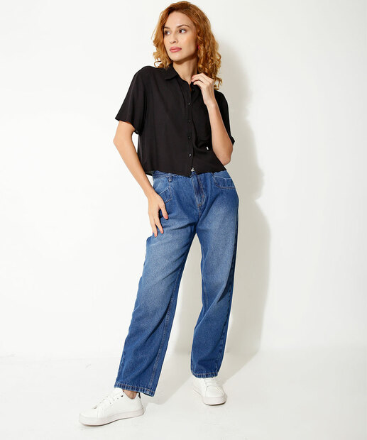 Camisa Cropped Feminina Bolso Manga Curta Marisa