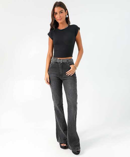 Image_Calça Jeans Flare Feminina Strass Cintura Alta Preto
