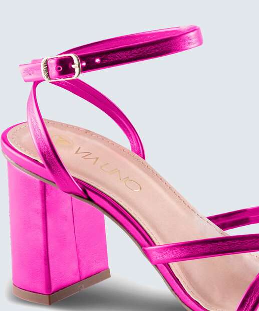 Sandália Salto Grosso Feminina Metalizada Via Uno 