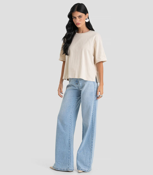 Blusa Feminina Manga Curta Box Dianna Bege