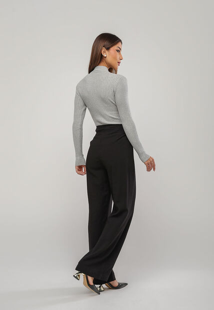 Blusa de Tricot Modal com Gola Alta e Manga Canelada Cinza Salvatore