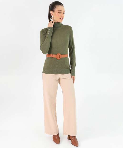 Suéter Feminino Tricô Gola Alta Botões Marisa Verde