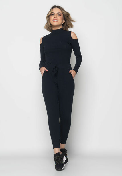 Conjunto Comfy Com Blusa Ombro Vazado M/L e Jogger Canelada Preto Salvatore