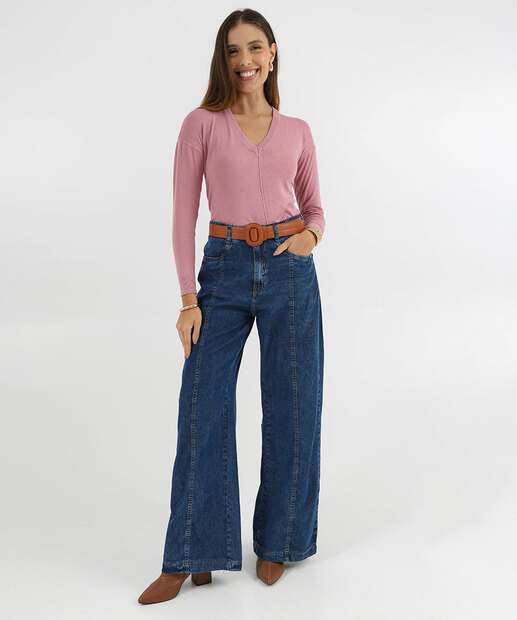 Suéter Feminino Decote V Nervura Marisa Rosa