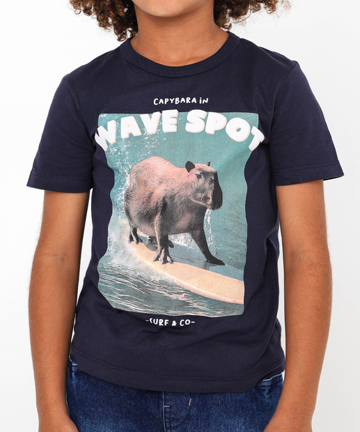 Camiseta Infantil Manga Curta Capivara MR Tam 4 a 10 Azul