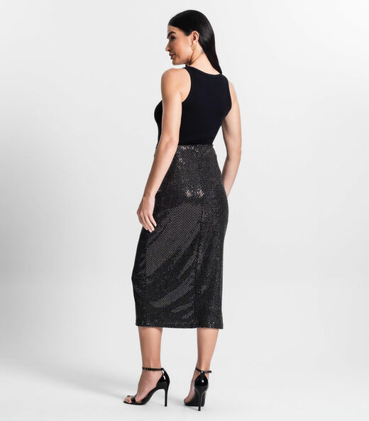 Saia Midi Feminina Em Lantejoula Endless Preto