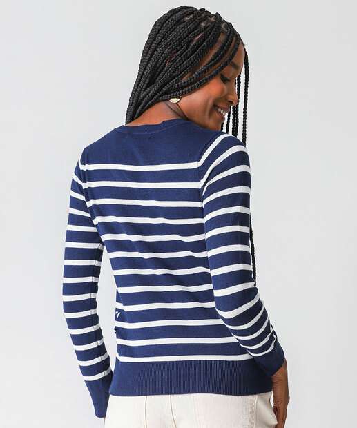 Suéter Feminino Listrado Gola V Marisa Azul