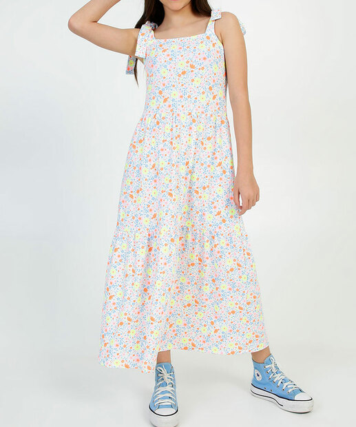 Vestido Juvenil Canelado Floral Amarração Marisa Tam 10 a 16