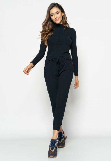 Kit 3 Blusas  Gola Alta Manga Longa Malha Canelada Preta, Rosa e Branca