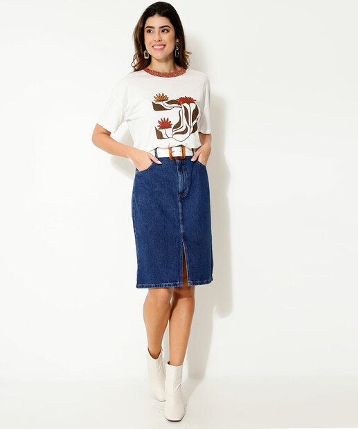 Saia Midi Feminina Jeans Bolsos Marisa