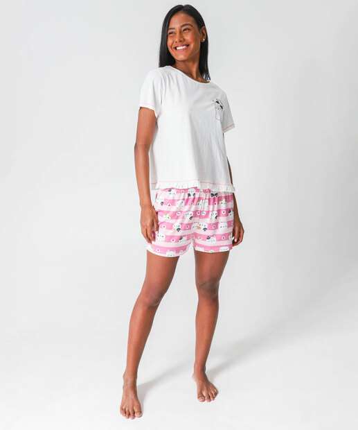 Pijama Feminino Babado Gato Marisa Off White