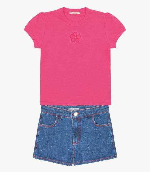 Conjunto Infantil Blusa E Shorts Jeans Trick Nick Rosa